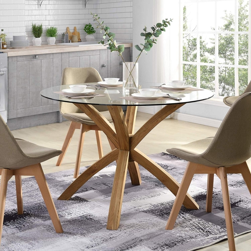 Oak Starburst Base Round Dining Table with Glass Top