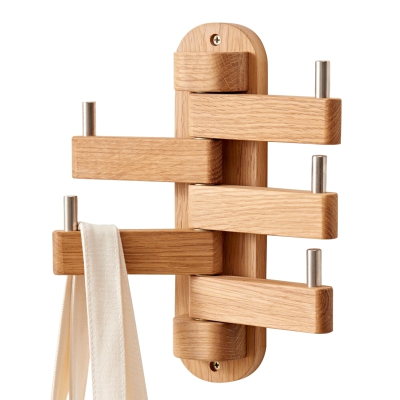 Oak Swivel Coat Rack. Minimalist Scandinavian entryway storage, five pegs.