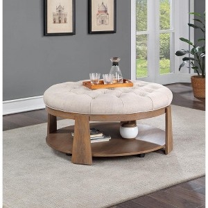 Oatmeal Woven Round Ottoman Tufted Wide Block Legs Two-Tier