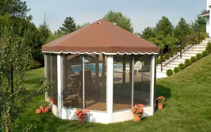 Octagonal Screen Gazebo Conical Roof White Framed Structure
