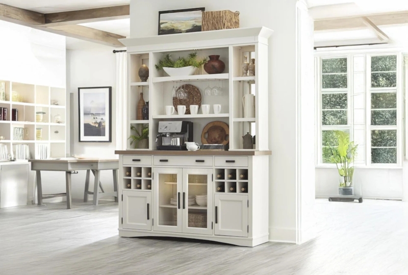 Off-White Buffet Hutch with Lighted Glass Cabinets and Wine Cubbies