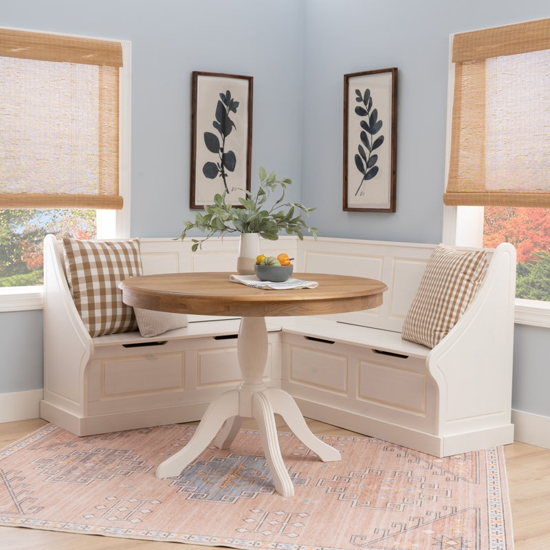 Off-White Corner Dining Nook Bench with Storage and Pedestal Table