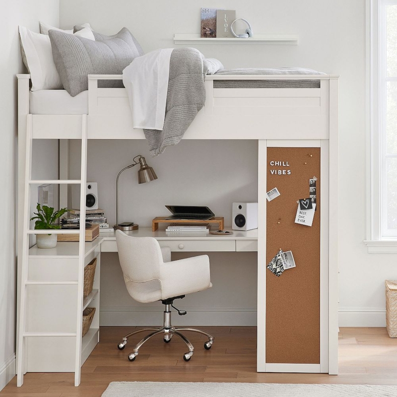 Off-White Loft Bed With Integrated Desk, Cork Board Panel And Shelving