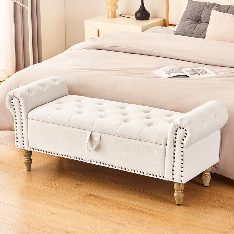 Off-White Storage Bench: Rolled Arms, Nailhead Trim and Turned Legs