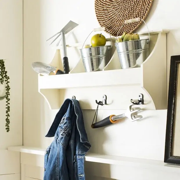 Off-White Wall Storage Shelf with Scalloped Profile and Galvanized Buckets