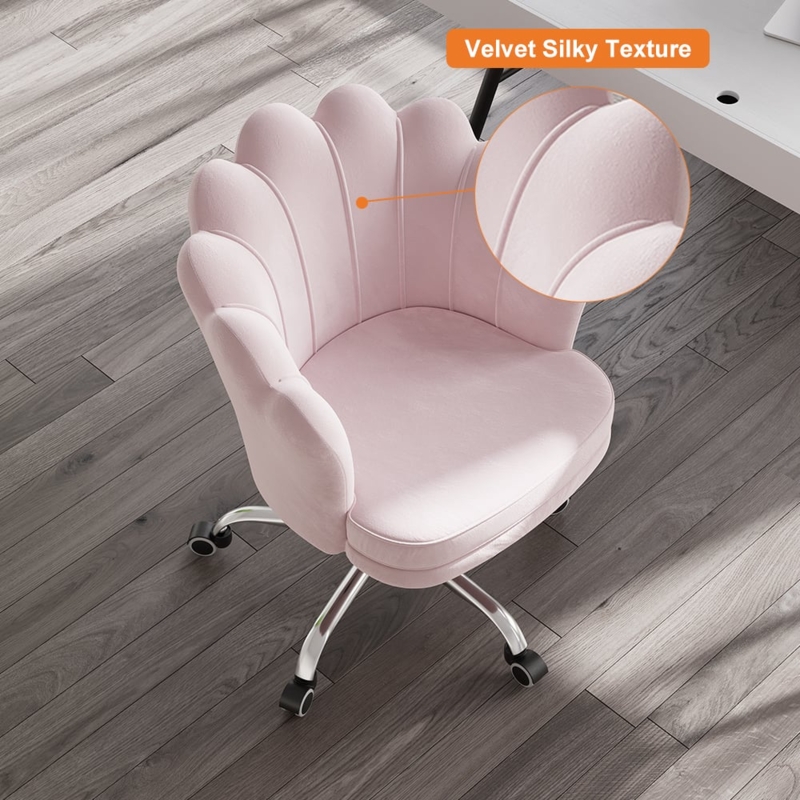 Office Chair in Silky Velvet Texture with Scalloped Back and Chrome