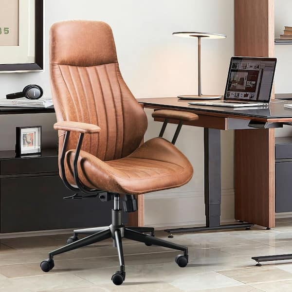Office Chair with Cognac Suede Texture and Vertical Channel Stitching
