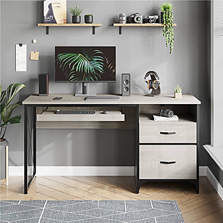 Office Desk with Keyboard Tray and White Wash Finish