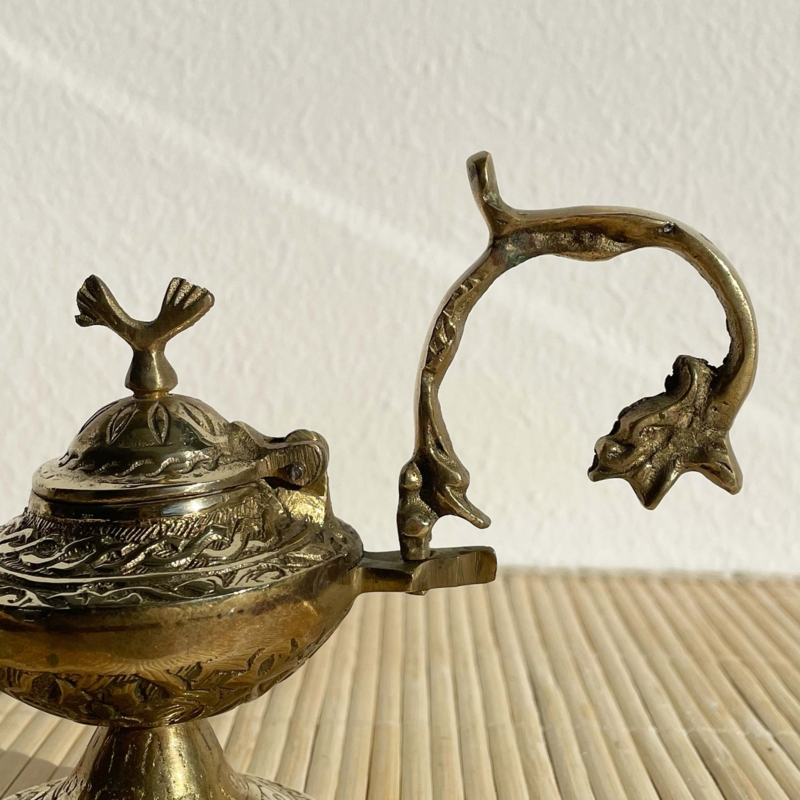 Oil Lamp Burnished Brass Bird Finial Intricate Engraving