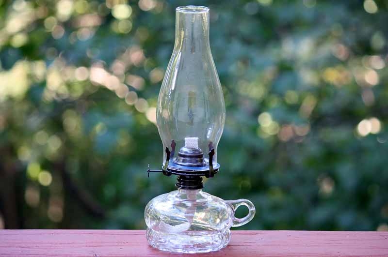 Oil Lamp Clear Glass Finger Loop Handle Bulbous Base Farmhouse