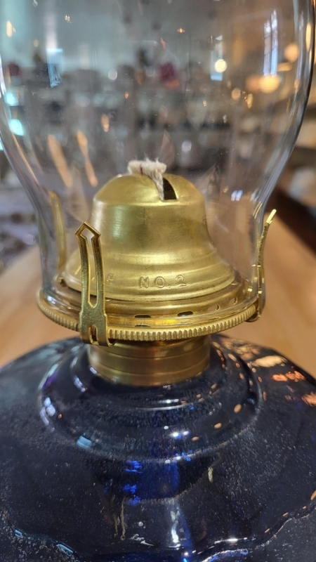 Oil Lamp Cobalt Blue Base Polished Brass Queen Anne