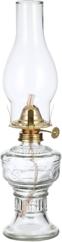 Oil Lamp Embossed Bird Motif Clear Glass Tall Chimney Antique Style