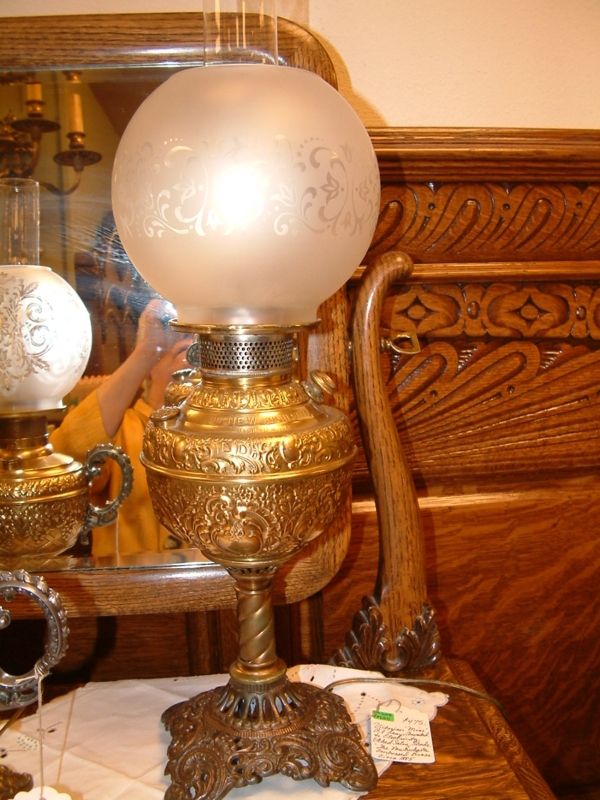 Oil Lamp Embossed Brass Font Etched Floral Glass Shade