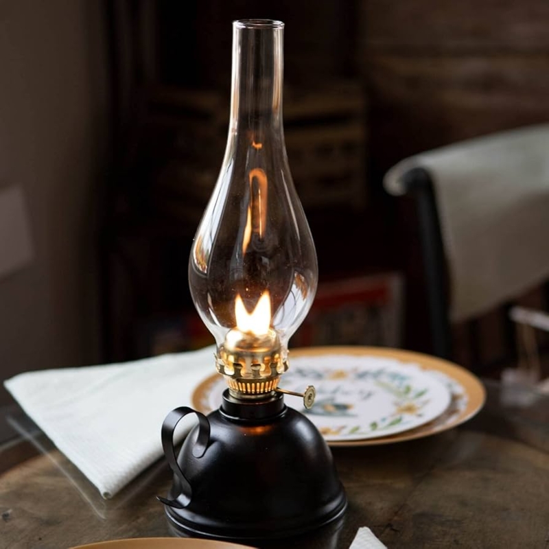 Oil Lamp Matte Black Base Curved Handle Rustic Tabletop Lighting