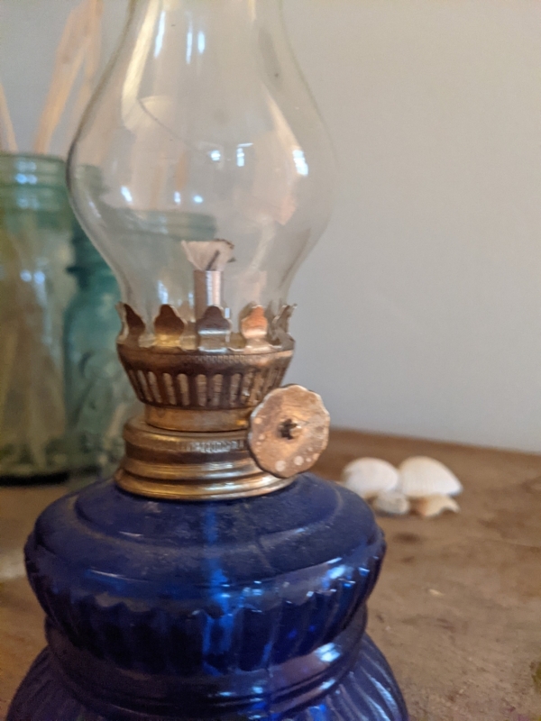 Oil Lamp Miniature Cobalt Blue Glass Ribbed Base Nautical Decor