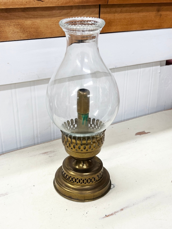 Oil Lamp Patinated Brass Pierced Gallery Beaded Rim