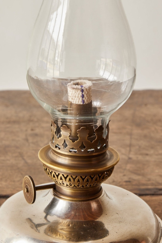 Oil Lamp Polished Pewter Base Brass Scalloped Crown Mixed Metal