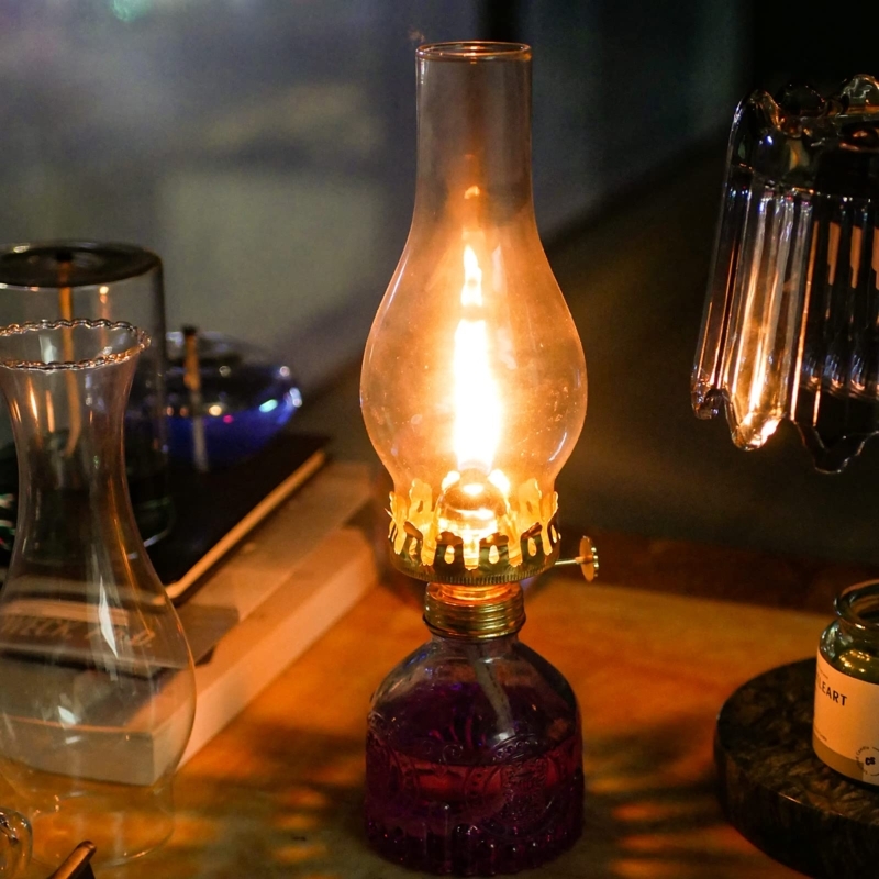 Oil Lamp Purple Glass Base Embossed Texture Polished Brass Kerosene