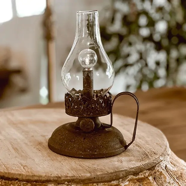 Oil Lamp Replica Distressed Brown Metal Lattice Collar Farmhouse