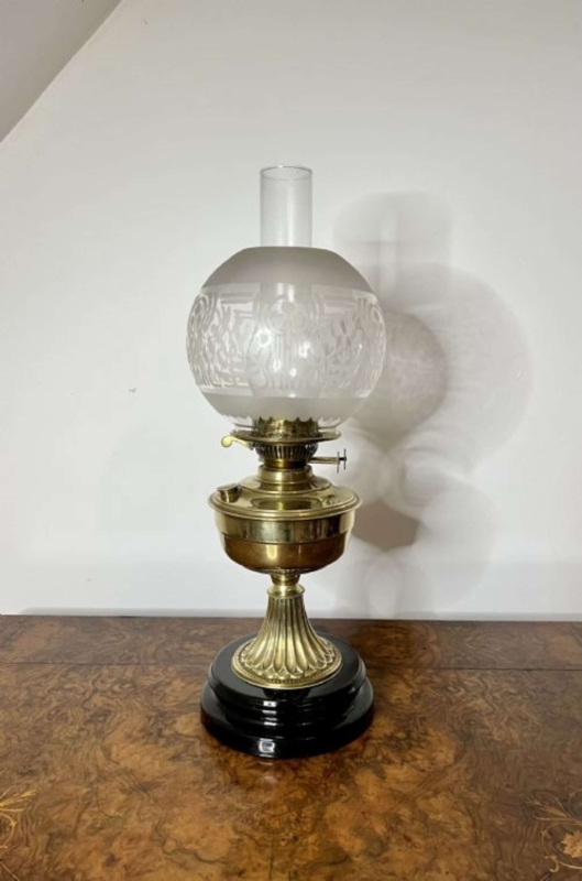 Oil Lamp Victorian Fluted Brass Stem Etched Glass Globe