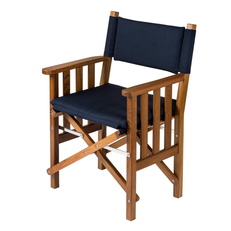 Oiled Teak Director's Chair with Padded Navy Cushions and Slat Arms