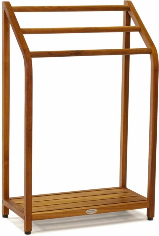 Oiled Teak Towel Rack with Curved Side Rails and Slatted Base