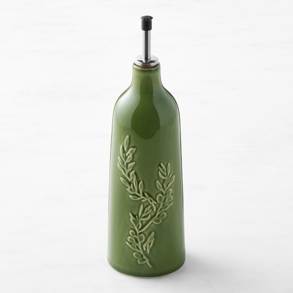 Olive Green Ceramic Cruet with Embossed Branch Relief