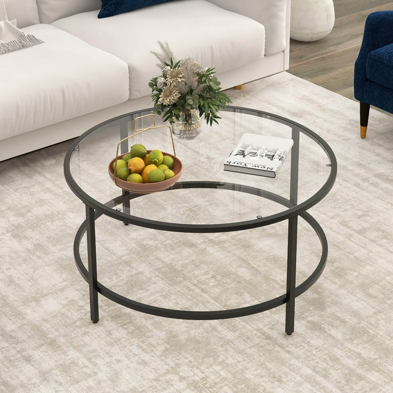 Open Frame Glass Coffee Table Lower Circular Brace Minimalist