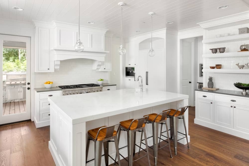 Open Shelving Kitchen Island With Industrial Stools
