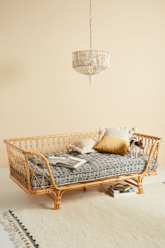 Open Weave Rattan Daybed, Tufted Mattress, Curved Silhouette