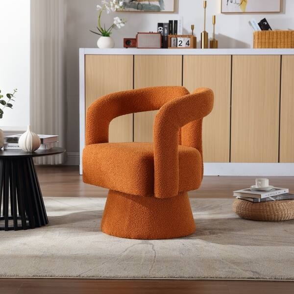 Orange Boucle Swivel Chair, M-Shape Back, Pedestal Base