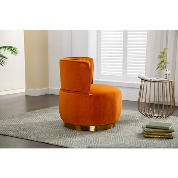 Orange Velvet Accent Chair, Gold Swivel Base, Curved Silhouette