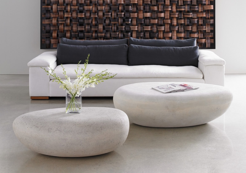 Organic Coffee Table with River Rock Shape, Matte Stone, Off-White.