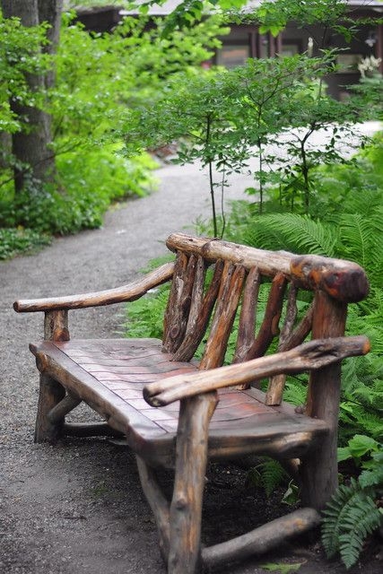 Organic Garden Bench with Branch Backrest and Gnarled Legs
