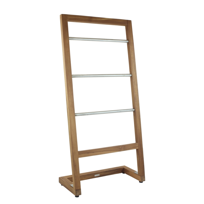 Organic Modern Angled Teak Towel Stand with Four Stainless Rungs