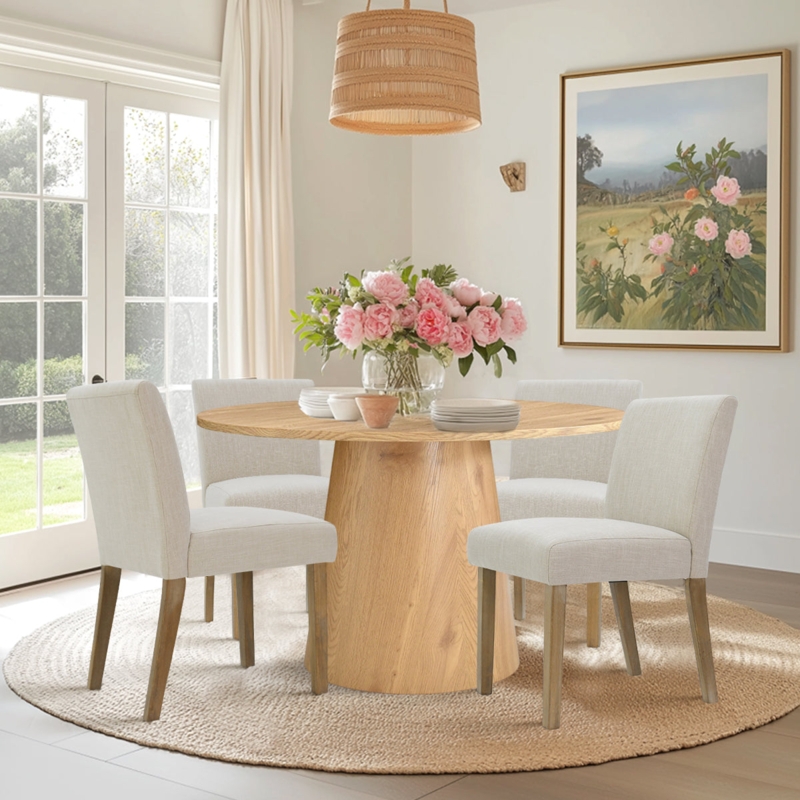 Organic Modern Dining Set Light Oak Conical Base Beige Chairs