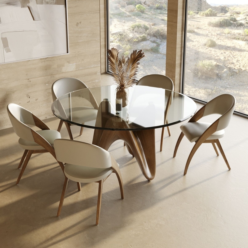 Organic Modern Dining Set with Sculptural Walnut Base & Beige Chairs