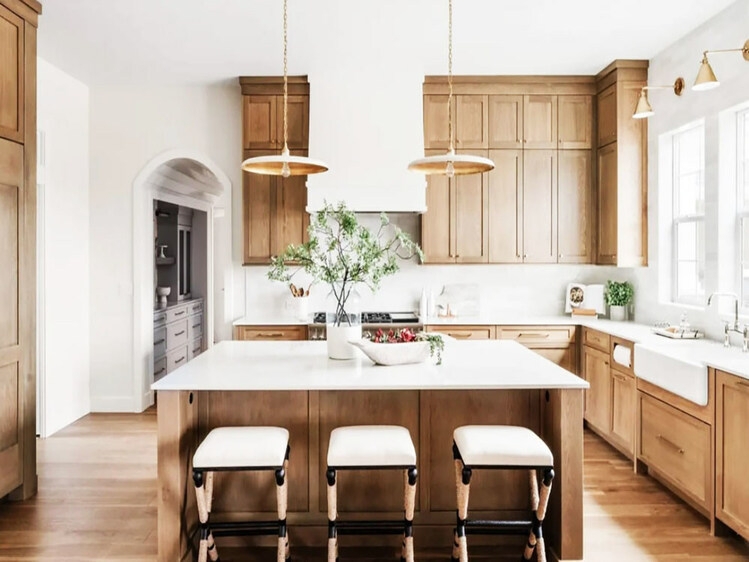 Organic Modern Kitchen Island with Rope Wrapped Stools