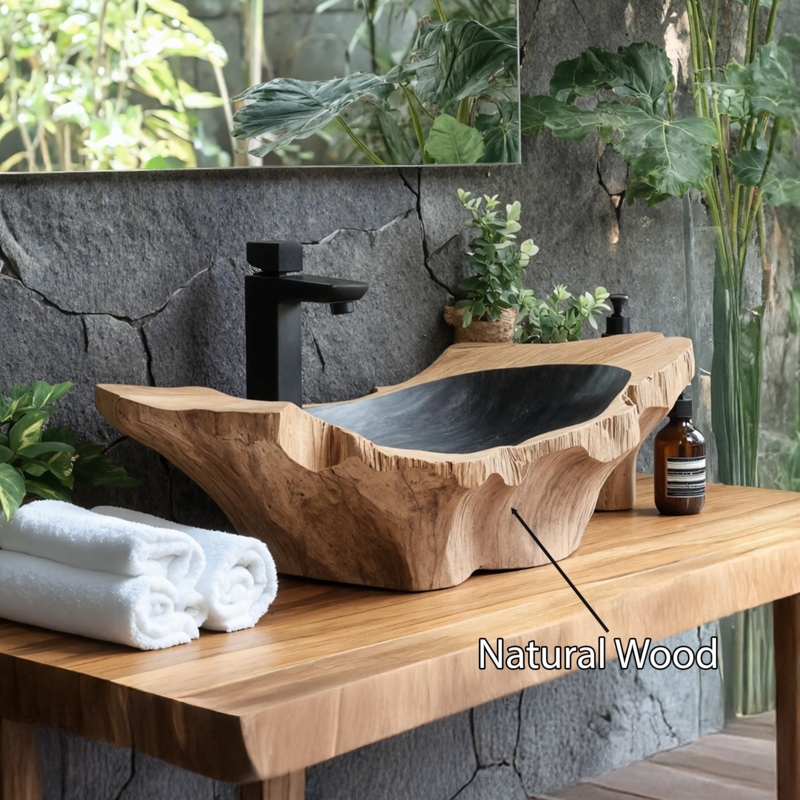 Organic Modern Live Edge Wood Sink with Matte Black Interior Basin
