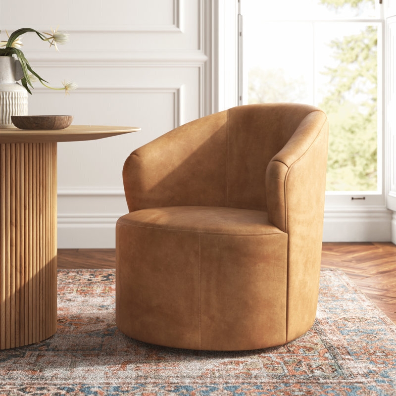 Organic Modern Swivel Chair Cognac Tan Barrel Silhouette Low Profile
