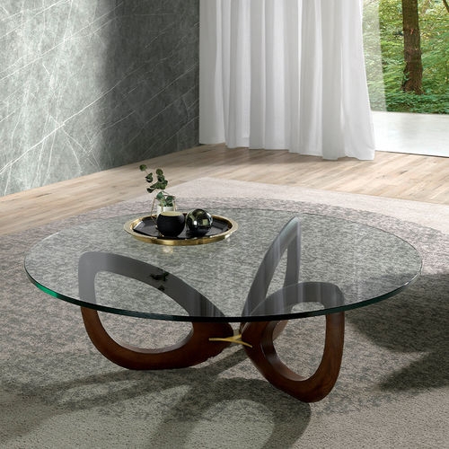 Organic Wood Coffee Table Round Glass Walnut Looped Base Sculptural