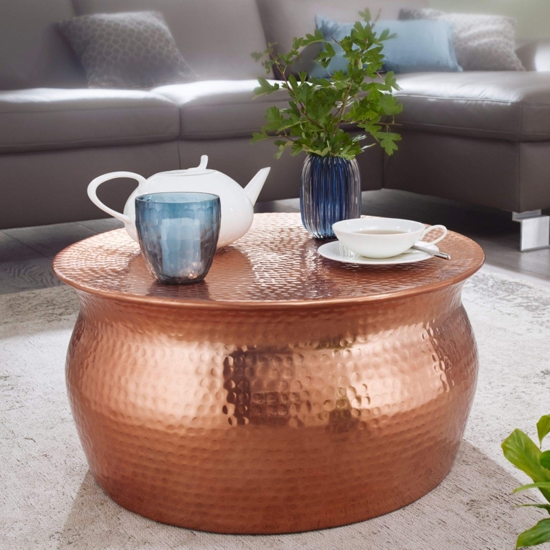 Oriental Copper Coffee Table, Flared Rim Drum with Global Chic Style