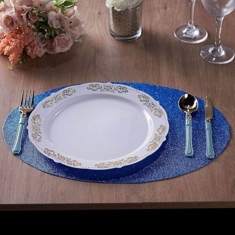 Ornate Blue And Gold Table Oval Glitter Placemat Formal Dining