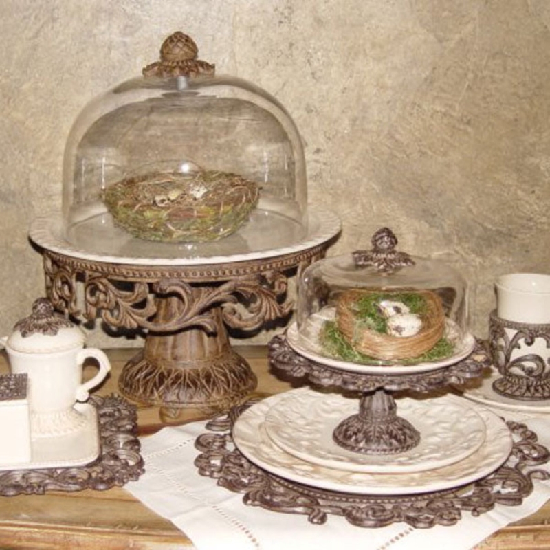Ornate Bronze Cake Stand with Scrollwork Base and Glass Cloche Dome