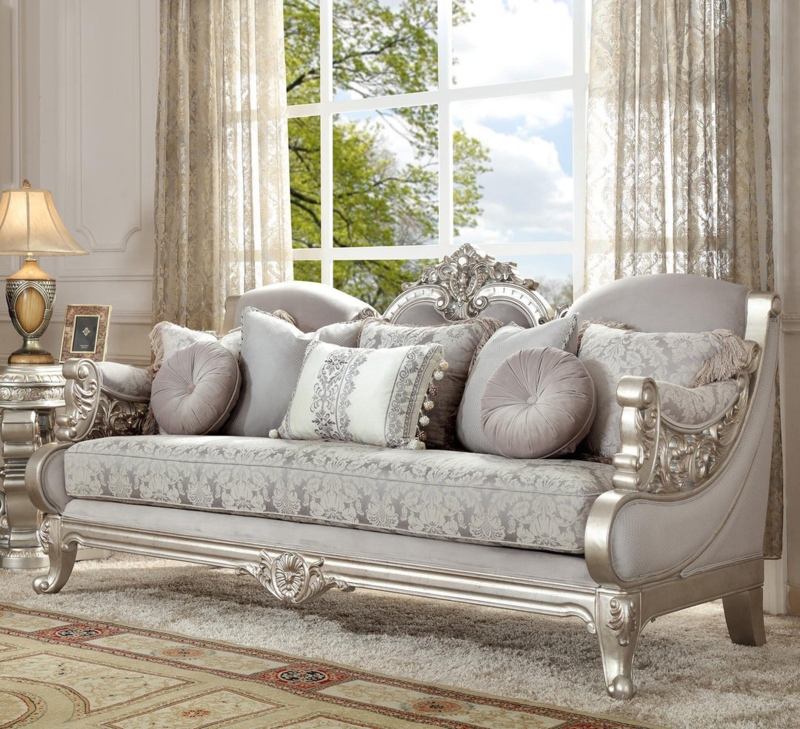 Ornate Carved Sofa Crown Crest & Damask Upholstery