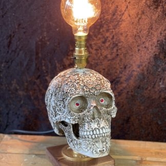 Ornate Carved Table Lamp with Skull Motif and Filament Bulb