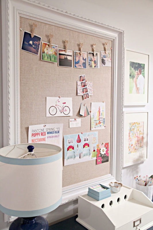 Ornate Framed Bulletin Board with String and Clothespin Photo Display.