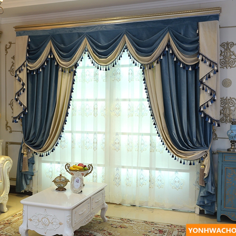 Ornate Layered Blue Velvet Swag Valance with Tassels