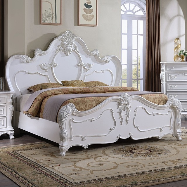 Ornate Queen Bed with Carved Floral Medallion Headboard