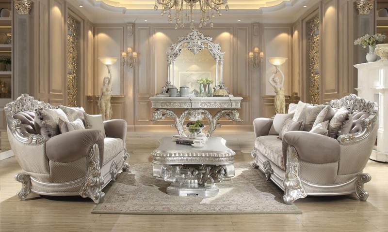 Ornate Sofa Set Carved Frame & Figural Lamps